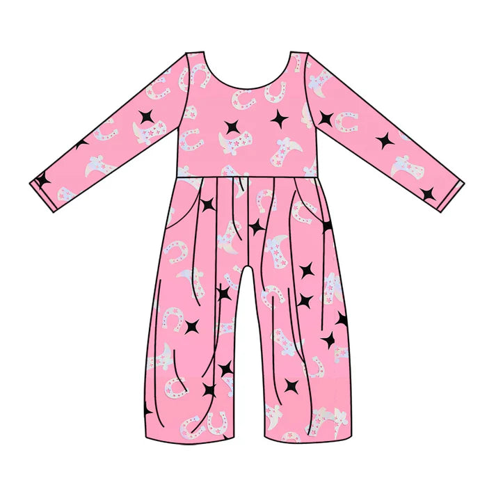 Preorder(moq 8)Baby Girls Pink Stars Boots Horse Shoes Western Pockets Pant Jumpsuits 9.25