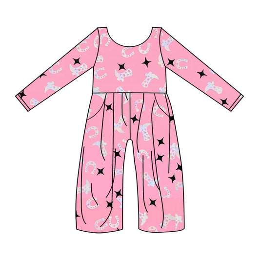 Preorder(moq 8)Baby Girls Pink Stars Boots Horse Shoes Western Pockets Pant Jumpsuits 9.25