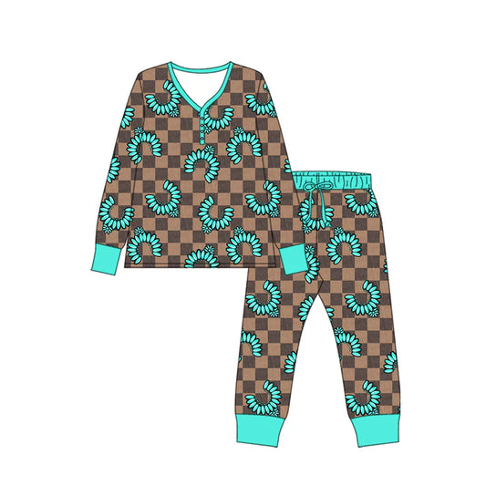 Preorder (moq 8)Baby Kids Long Sleeve Khaki Checked Turquoises Top Pants Western Pajamas Sets 9.19