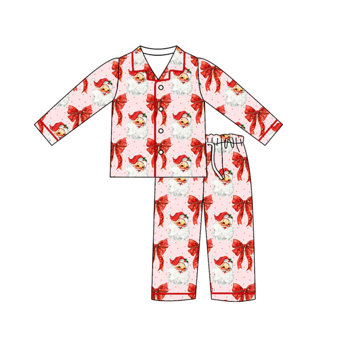 Preorder (moq 5)Baby Girls Christmas Red Bows Buttons Top Pants Pajamas 5.12