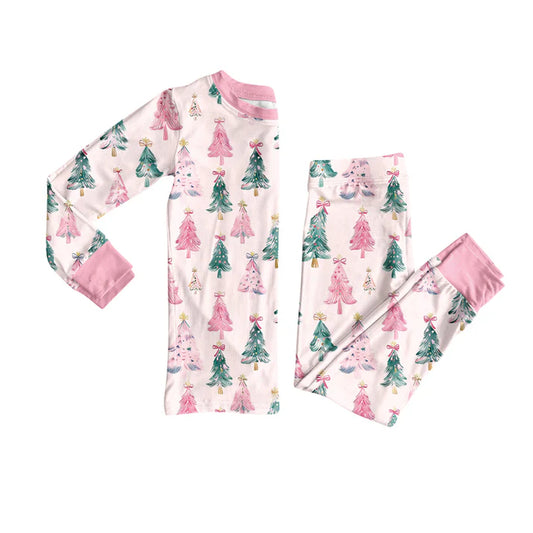 Preorder(moq 5) Baby Girls Christmas Pink Trees Bows Top Pants Lounge Wear Pajamas Sets 8.8