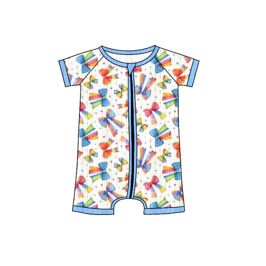 Preorder (moq 5)Baby Girls Blue Short Sleeves Colorful Bows Stars Ribbed Zipper Rompers 6.3