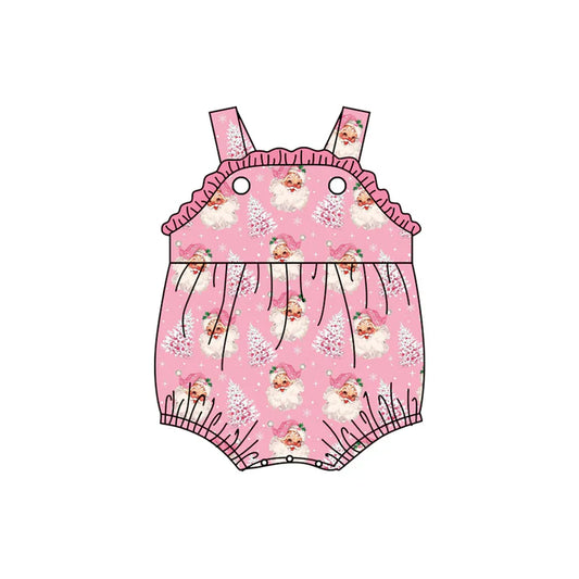 Preorder (moq 5)Baby Girls Pink Strap Santa Trees Plaid Ruffle Rompers 6.4