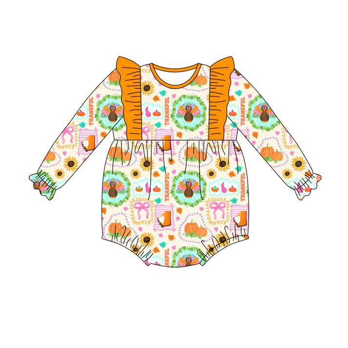 Preorder(moq 5)Baby Girls Turkey Pumpkins Plaid Ruffle Rompers 7.18