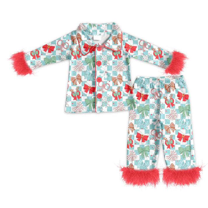 Preorder (moq 5)Baby Girls Long Sleeves With Fur Blue Plaid Colorful Bows Top Pant Pajamas Set 5.19