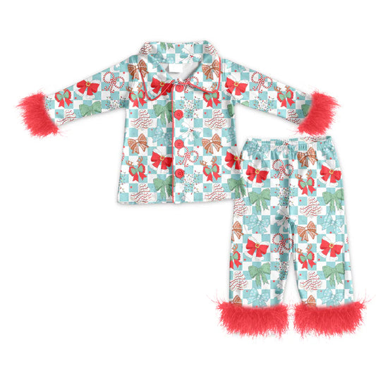 Preorder (moq 5)Baby Girls Long Sleeves With Fur Blue Plaid Colorful Bows Top Pant Pajamas Set 5.19