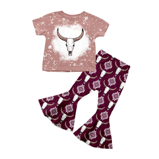 Preorder (moq 5)Baby Girls Khaki Short Sleeves Bull Skull Aztec Top Red Bell Bottom Pant Set 5.12