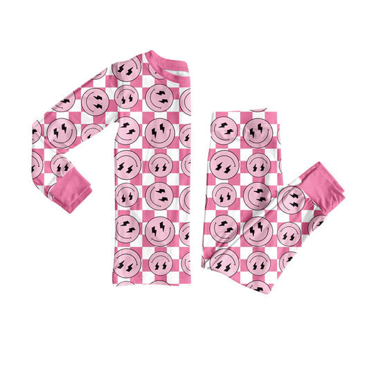 Preorder(moq 5) Baby Girls Western Pink Checkered Smiles Top Pants Lounge Wear Pajamas Sets 8.11
