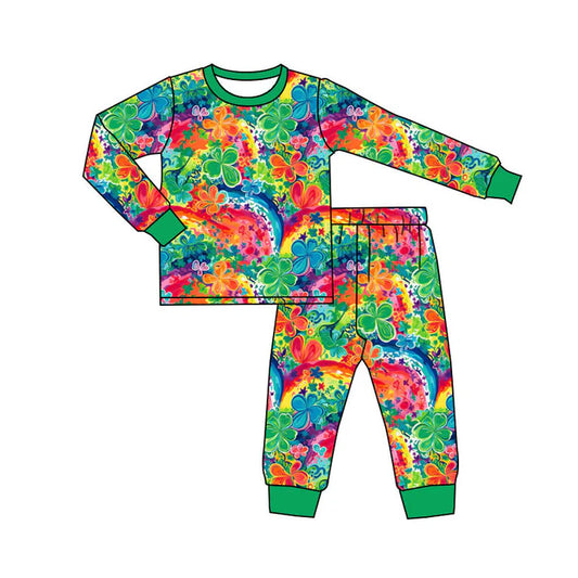 Preorder(moq 5) Baby Girls Colorful Clovers Flowers Top Pants St Patrick Pajamas Sets 10.4