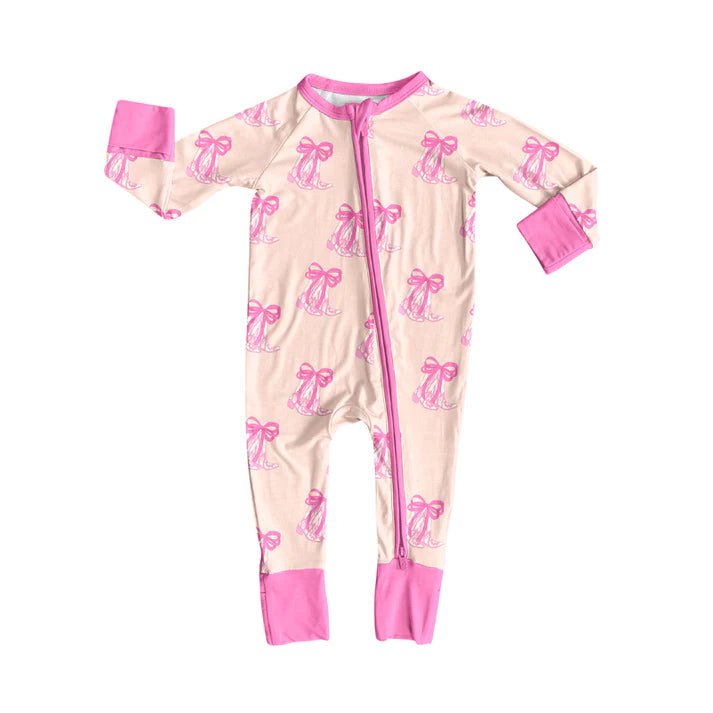 Preorder (moq 5)Baby Girls Pink Bow Boots Western Two Way Zip Convertible Rompers 12.6