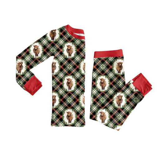Preorder (moq 5)Baby Girls Highland Cows Holly Plaid Top Pant Christmas Pajamas Set 8.4