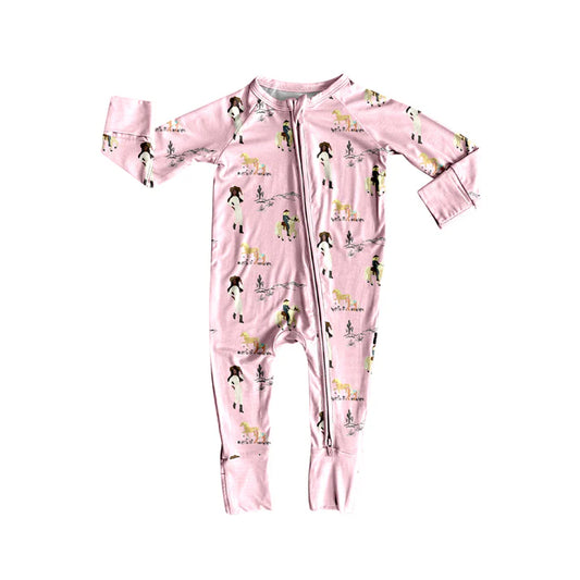 Preorder (moq 5)Baby Girls Long Sleeves Pink Horse Rodeos Zipper Rompers 5.23