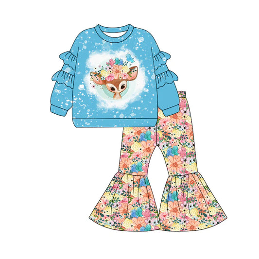 Preorder (moq 5)Baby Girls Blue Long Sleeves Floral Deer Top Bell Bottom Pant Clothes Set 7.1