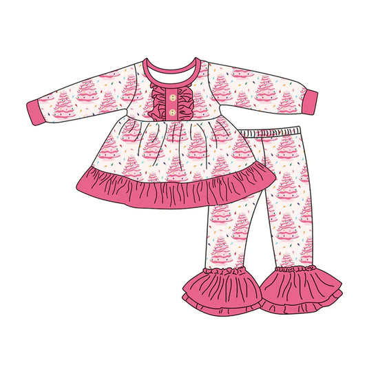 Preorder (moq 5)Baby Girls Long Sleeves Pink Christmas Trees Button Tunic Bell Bottom Pants Set 7.26