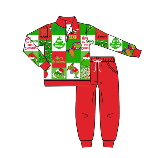 Preorder (moq 8)Baby Boys Green Face Zipper Pullover Pockets Jogger Christmas Clothes Sets 9.10