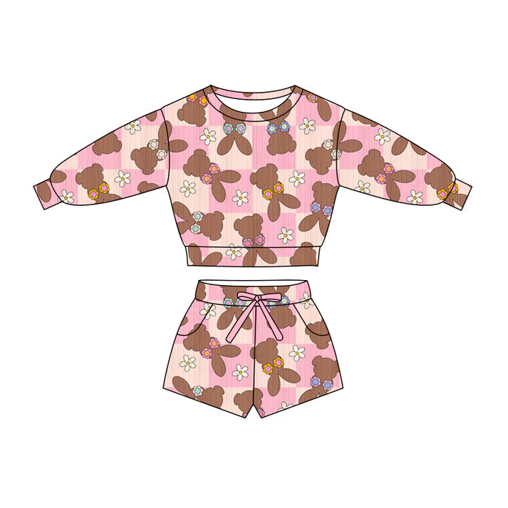 Preorder (moq 5)Baby Girls Rabbits Flowers Checked Top Pockets Shorts Easter Clothes Sets 11.27