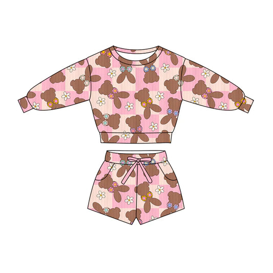 Preorder (moq 5)Baby Girls Rabbits Flowers Checked Top Pockets Shorts Easter Clothes Sets 11.27