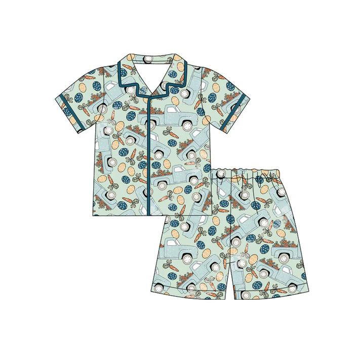 Preorder (moq 5)Baby Boys Eggs Carrots Trucks Button Top Shorts Easter Pajamas Sets 12.12