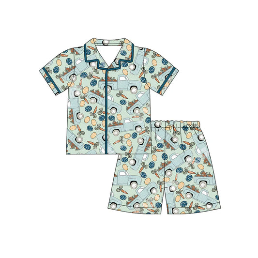 Preorder (moq 5)Baby Boys Eggs Carrots Trucks Button Top Shorts Easter Pajamas Sets 12.12