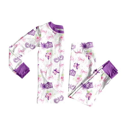 Preorder (moq 5)Baby Girls Mardi Gras Bows Flowers Masks Top Pants Pajamas Sets 9.3