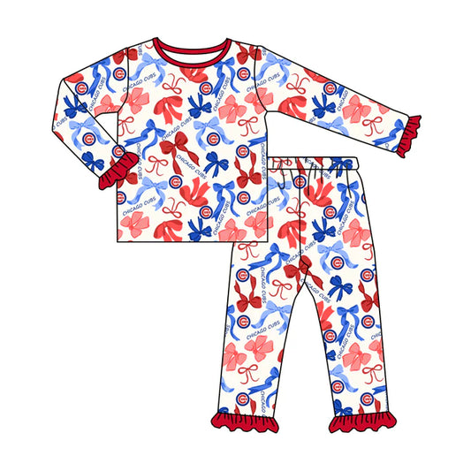Preorder MOQ 5 Long sleeves C red blue bow kids girls team pajamas 8.25