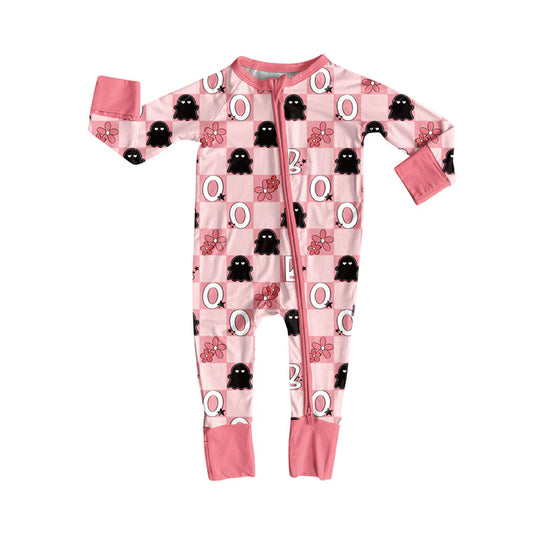 Preorder (moq 5)Baby Girls Pink Plaid Long Sleeves Flowers Ghosts Zipper Pant Rompers 5.27