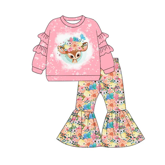 Preorder (moq 5)Baby Girls Pink Long Sleeves Floral Deer Top Bell Bottom Pant Clothes Set 7.1