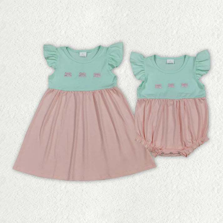 Sibling Baby Girls Clothes Flutter Sleeves Embroidery Bows Knee Length Dress Ruffle Rompers