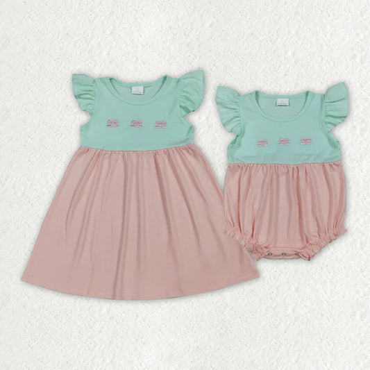 Sibling Baby Girls Clothes Flutter Sleeves Embroidery Bows Knee Length Dress Ruffle Rompers