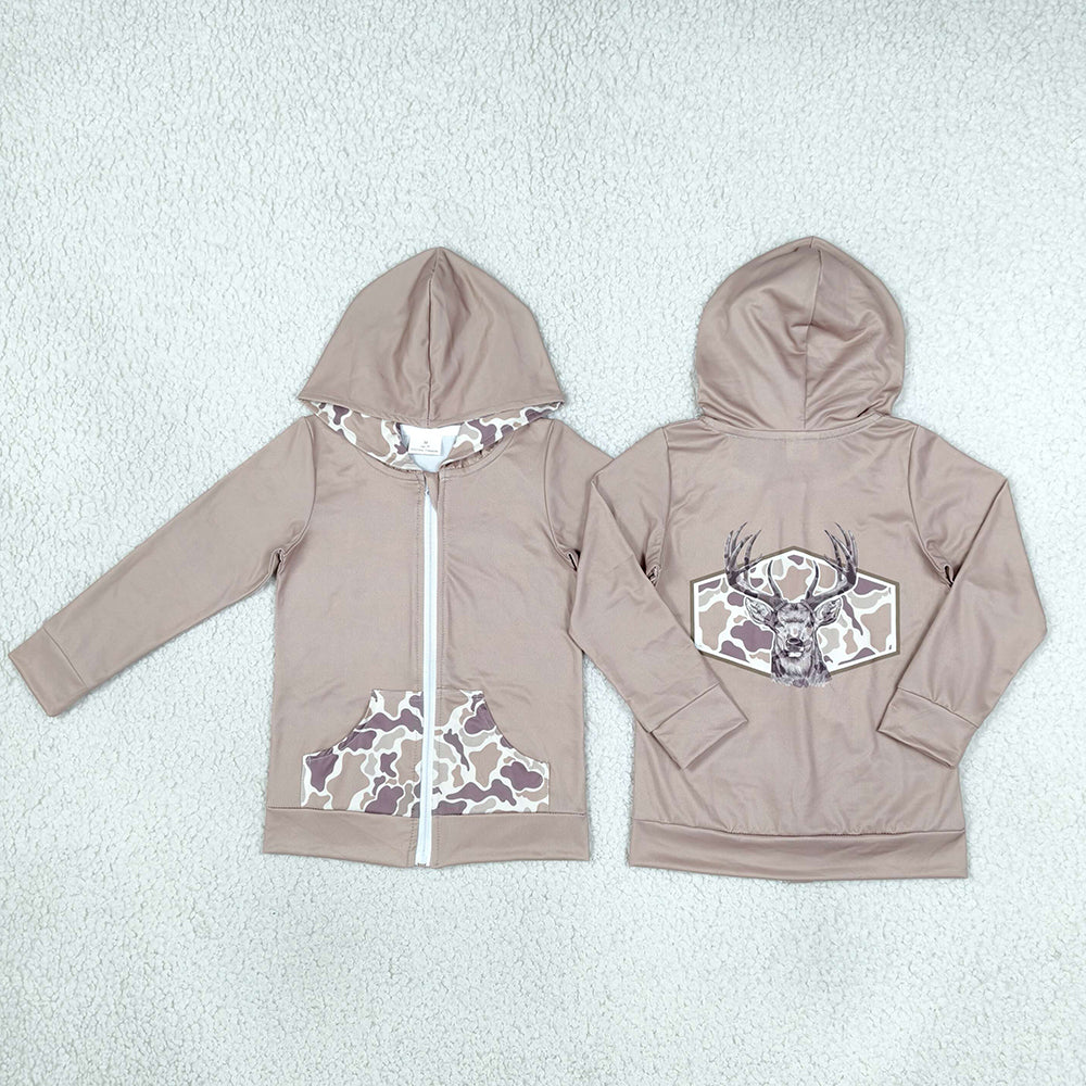 Baby Girls Clothes Khaki Camo Deer Pocket Zip Hoodie Jackets Top GT1144