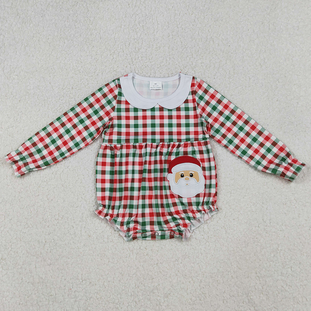 Embroidery Santa Claus Baby Girls Rompers Red Green Checked Ruffle Collar Rompers LR2357 10.4