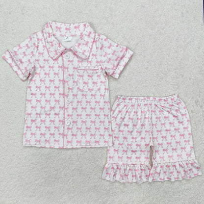 Sibling Baby Girls Pajamas Colorful Bows Buttons Shirt Shorts Pajamas Clothes Sets 5.28