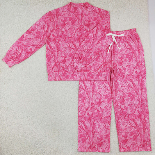 Adult Women Pink Leaves Camo Top Pockets Flare Pants Clothes Sets GLP3651
