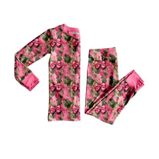 Preorder (moq 8)Baby Girls Pink Green Camo Bows Top Pants Western Pajamas Set 9.24