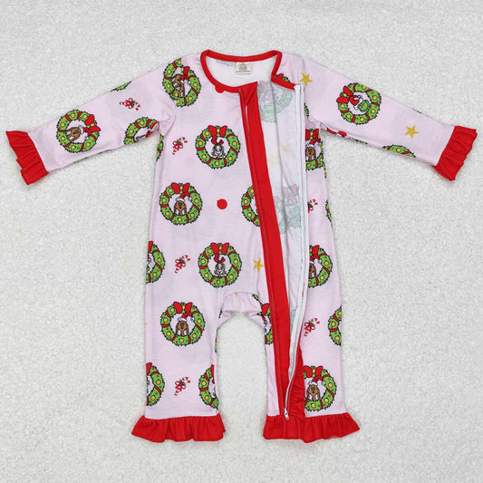 Baby Infant Girls Rompers Christmas Green Face Zip Rompers LR1664