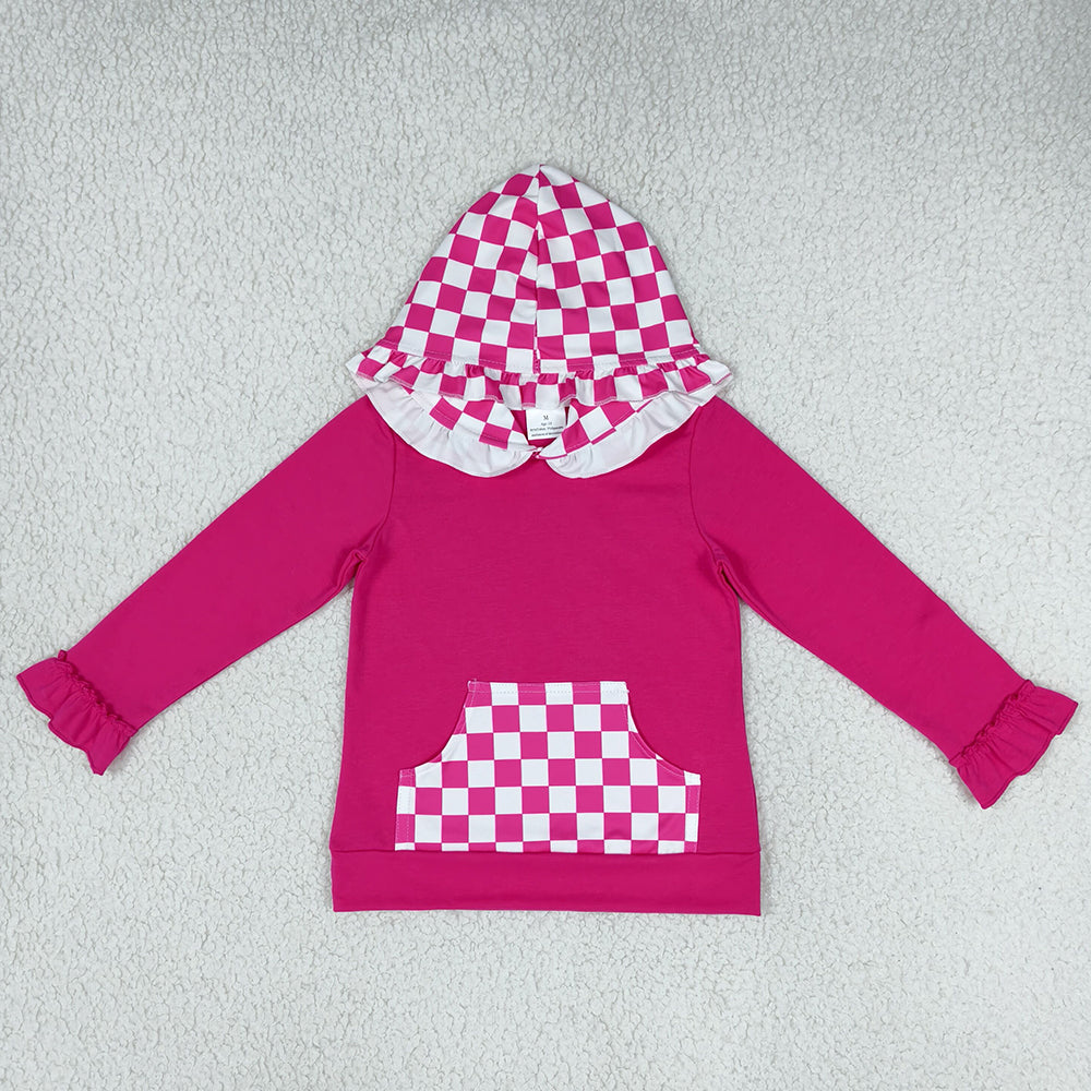 Baby Girls Clothes Long Sleeve Hot Pink Checked Pocket Ruffle Hoodies Top GT1851