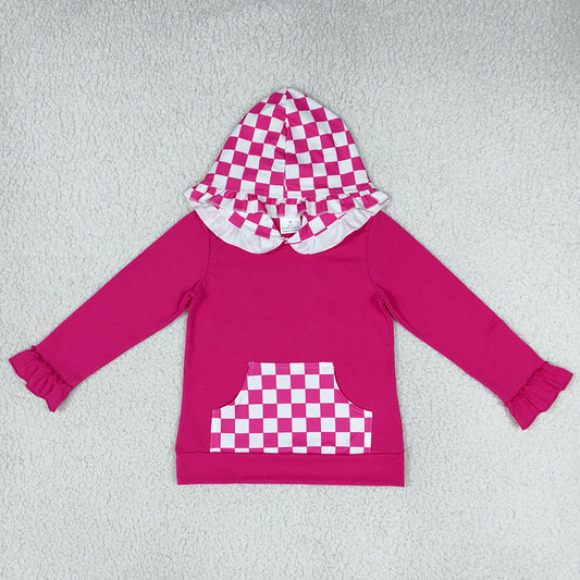 Baby Girls Clothes Long Sleeve Hot Pink Checked Pocket Ruffle Hoodies Top GT1851