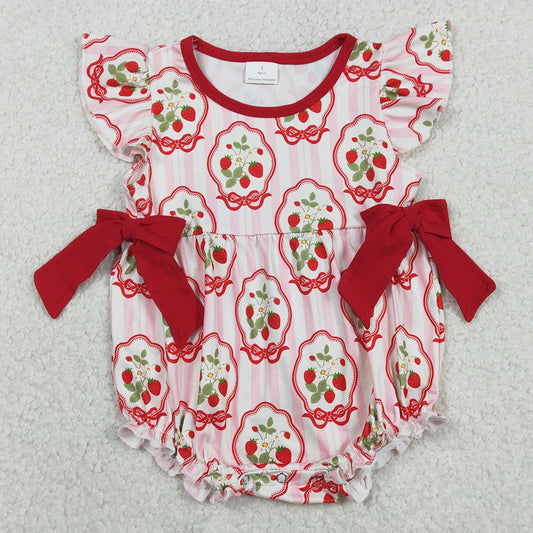 Baby Girls Rompers Pink Stripe Flowers Strawberry Ruffle Rompers SR3890