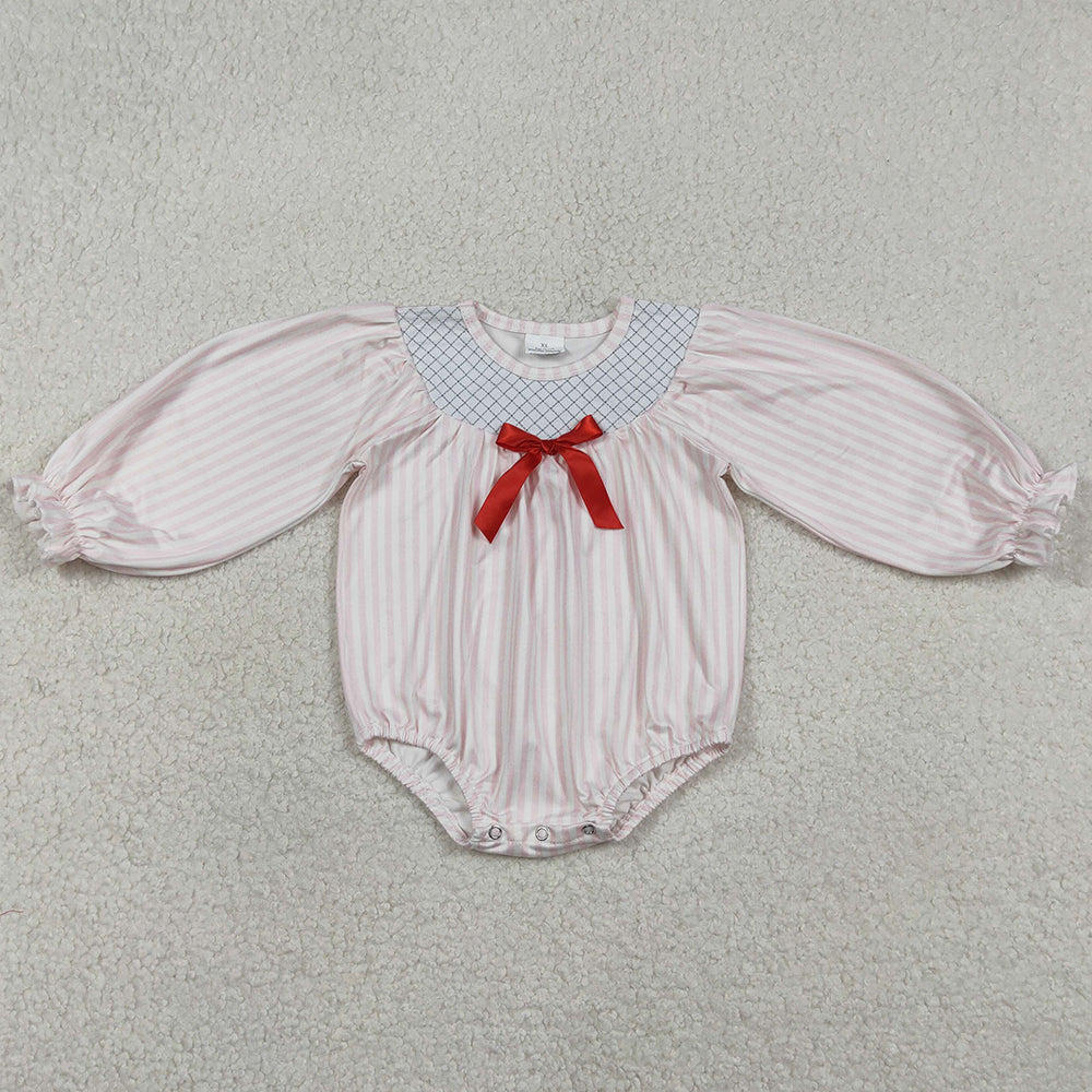 Baby Girls Rompers Embroidery Checked Pink Stripe Bows Ruffle Rompers LR2773 12.31