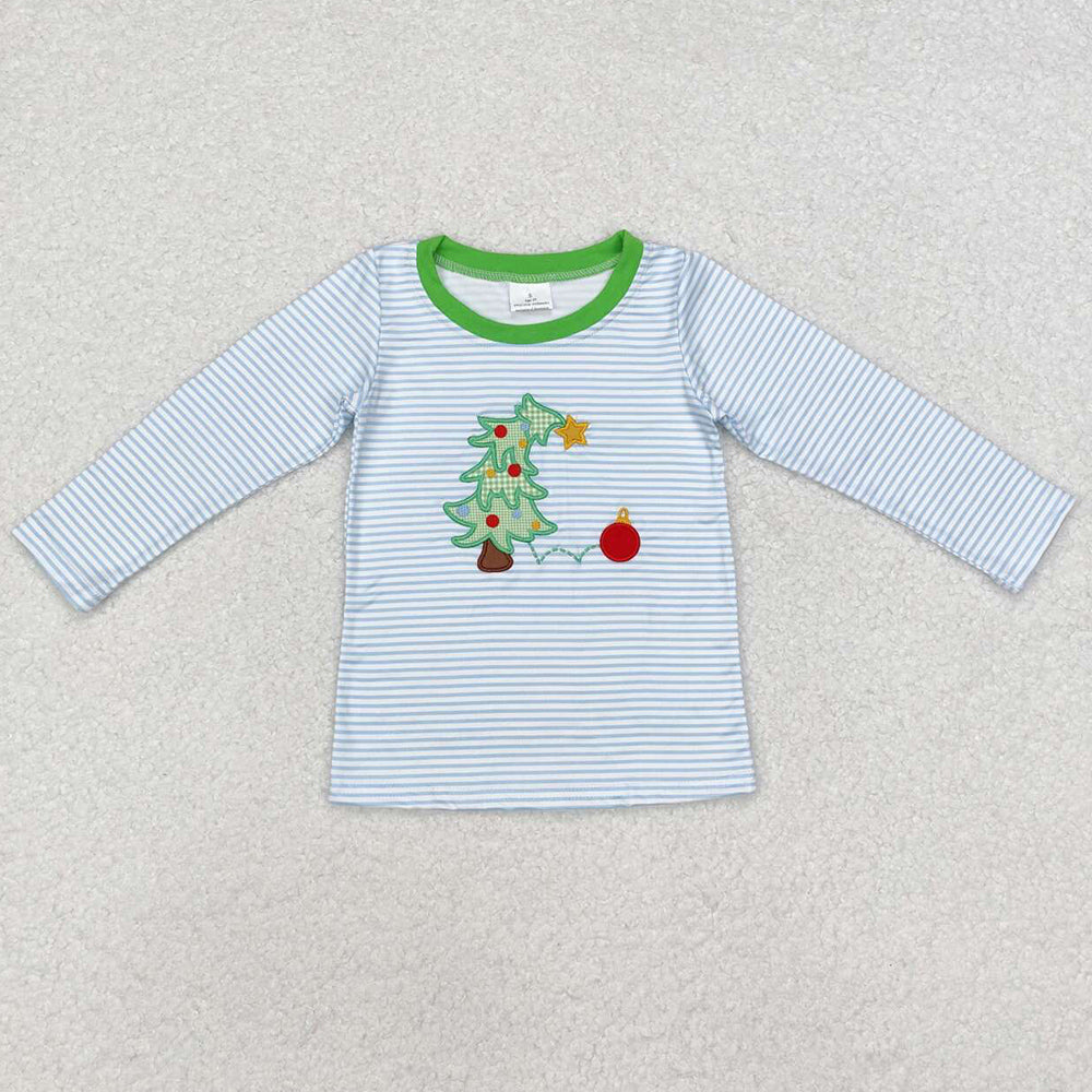 Baby Boys Clothes Tops Christmas Blue Stripes Tree Tee Shirts Tops BT0809