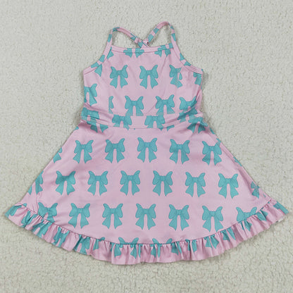 Baby Girls Dress Pink Strap Green Bows Yoga Ruffle Knee Length Dresses GSD2293 5.23