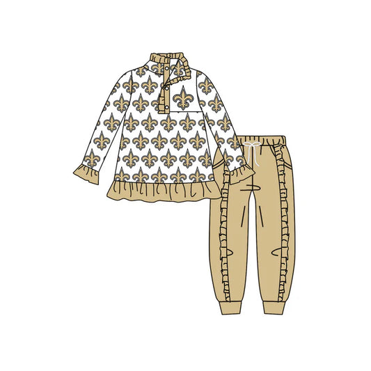 preorder(moq 5) Baby Girls Khaki Saint Team Long Sleeve Top Ruffle Pants Clothes Sets 7.23