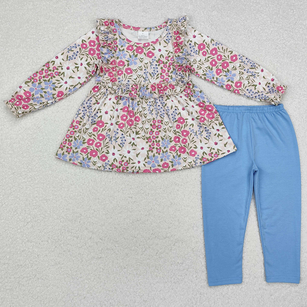 Baby Girls Clothes Blue Flowers Tunic Tops Legging Clothes Sets GLP1926