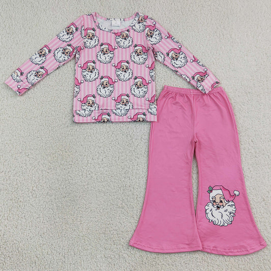 Baby Girls Clothes Pink Stripe Santa Top Flare Pant Christmas Clothes Sets GLP3538