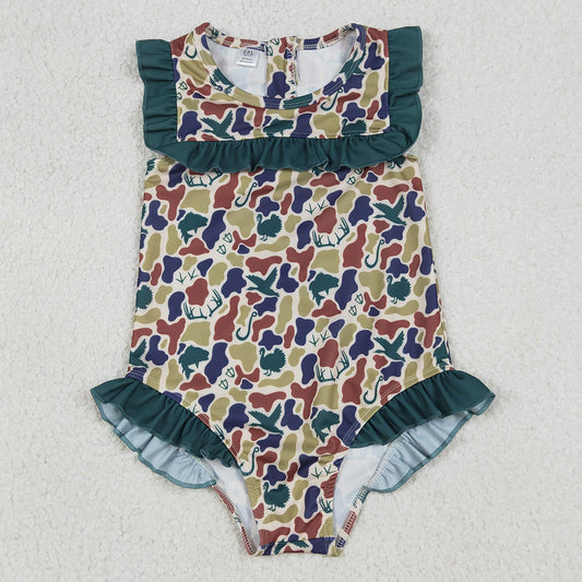 Baby Girls Swimwear Dark Green Ducks Deer Camo Ruffle Swimsuits S0598 1.1