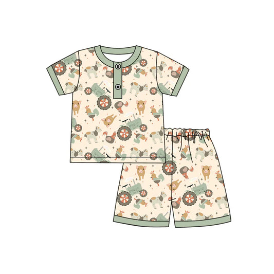 Preorder (moq 5)Baby Boys Green Short Sleeves Button Chicks Pigs Top Shorts Farm Pajamas Set 4.23