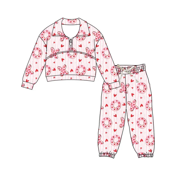 Preorder (moq 5)Baby Girls Pink Stripe Hearts XOXO Zipper Pullover Pants Valentines Clothes Sets 11.27