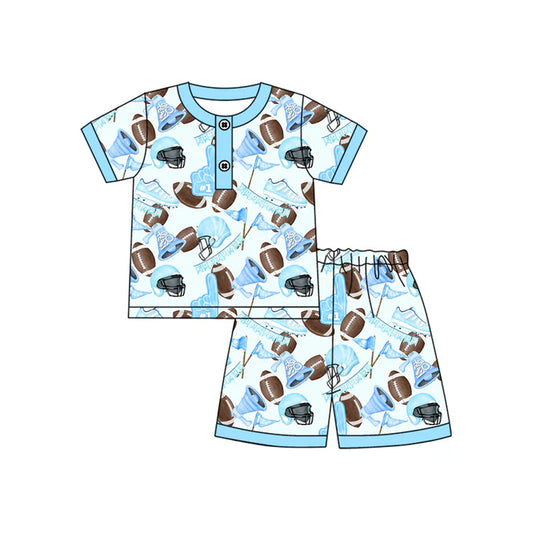 Preorder (moq 5)Baby Boys Blue Short Sleeves Button Footballs Flags Top Short Pajamas Set 4.24