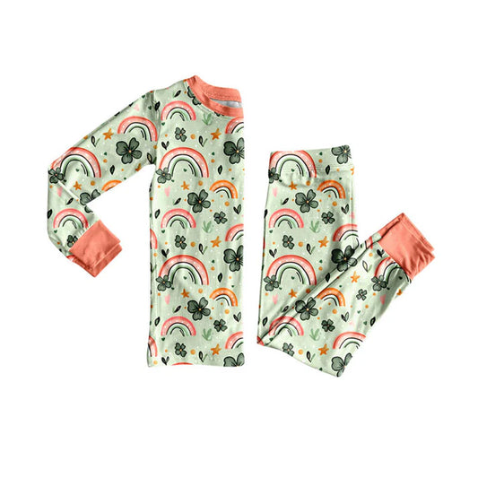 Preorder (moq 8)Baby Girls Clovers Rainbows Top Pants St Patrick Pajamas Sets 9.10