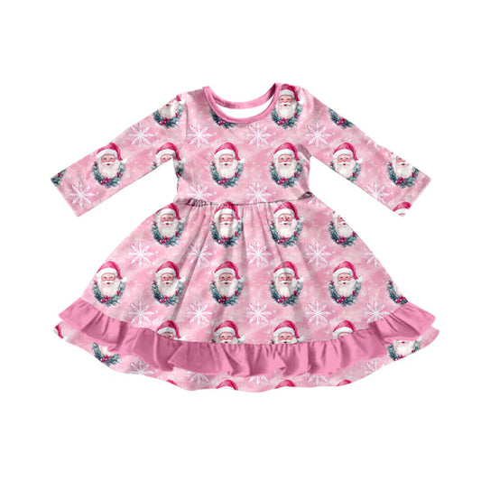 Preorder (moq 5)Baby Girls Pink Santa Snowflake Christmas Ruffle Knee Length Dresses 9.4